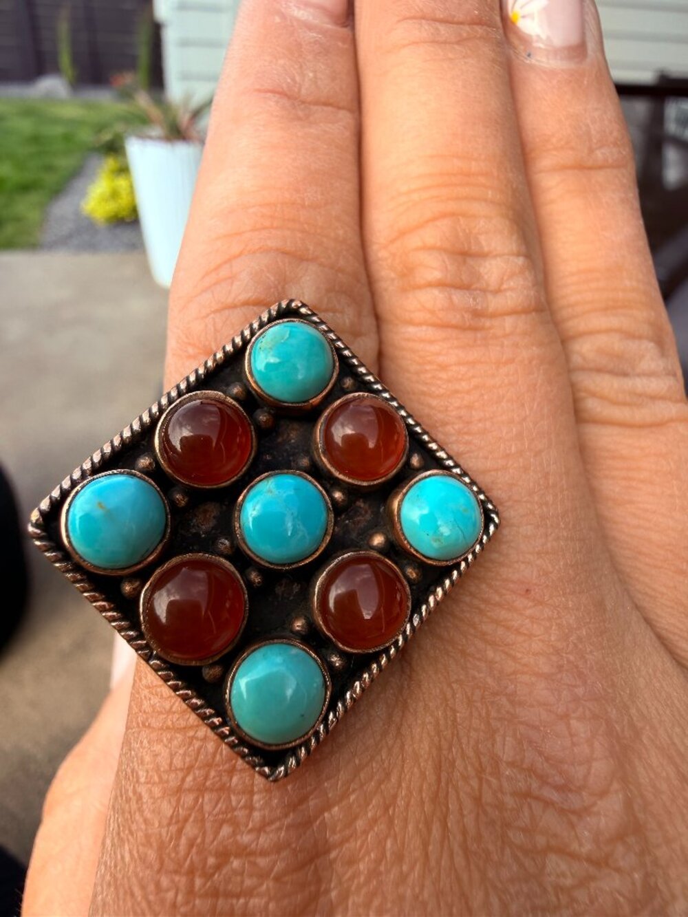 Copper Red Onyx & Kingman Mohave Turquoise Adjustable Statement Ring